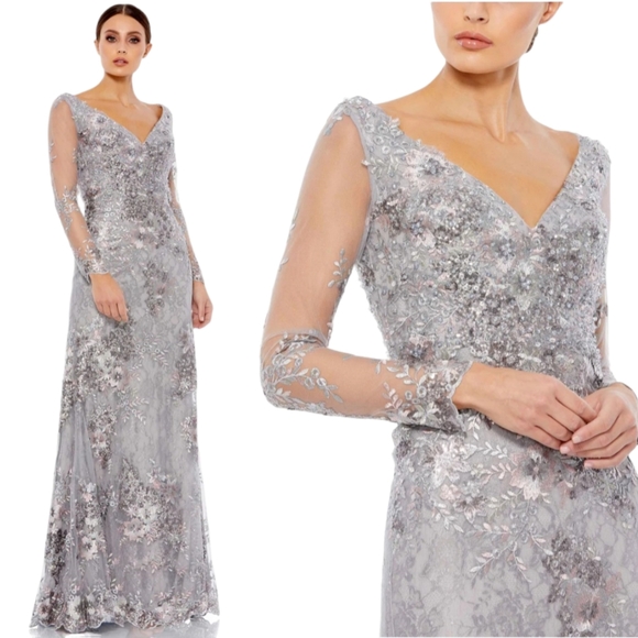 Mac Duggal Size 18 Embellished Vneck Long Sleeve Silver...